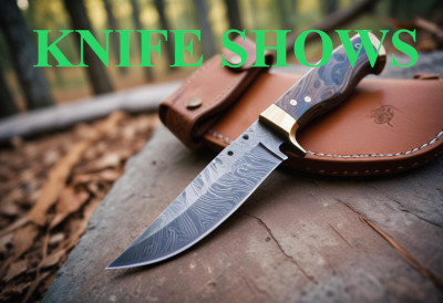 An image of a custom knife with the words Knife Shows written over the top of it.